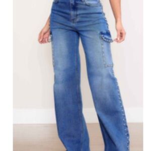 Rodeo Quincy VBRT Pearl Studded Wide Leg High Waisted Jeans New With Tags 15